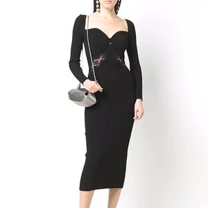 Self Portrait Lace Applique Ribbed Knit Long Sleeve Dress in Black Size S